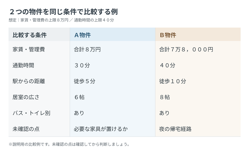 Ａ物件とＢ物件の家賃・管理費、通勤時間、駅距離、居室の広さ、設備、未確認の点を比較した表