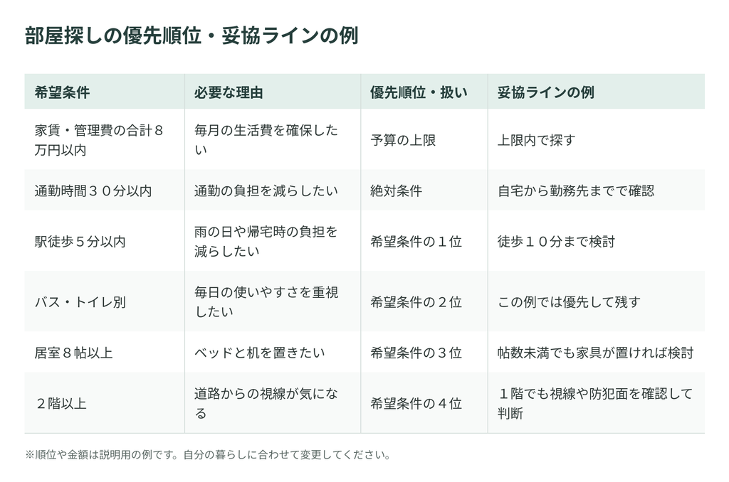 部屋探しの希望条件、必要な理由、優先順位と妥協ラインをまとめた表